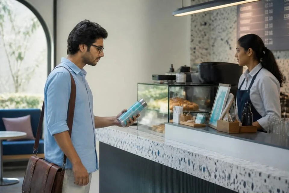 Illustrative café visitor beside a coordinated beverage campaign