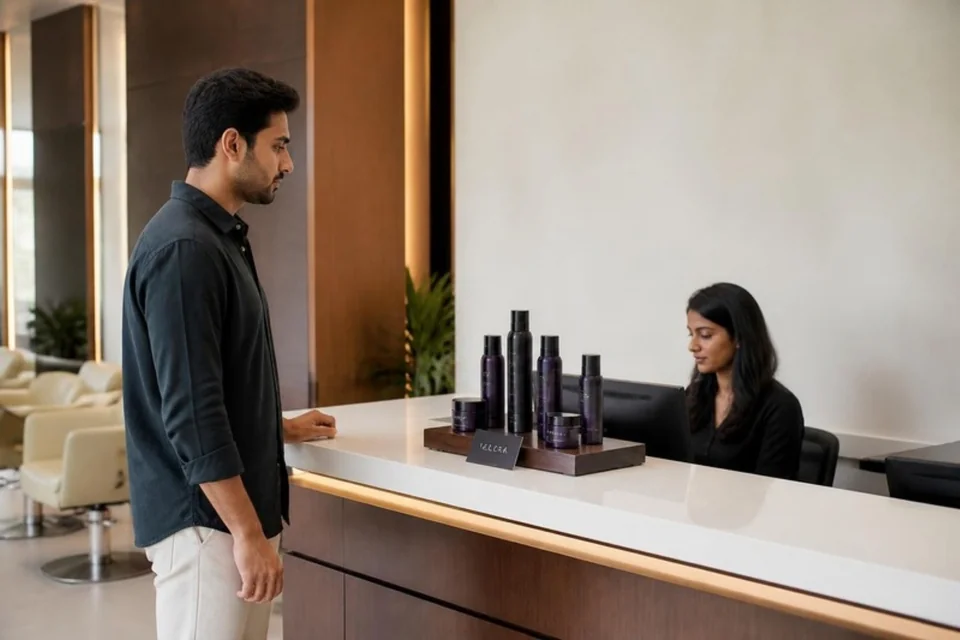 Illustrative grooming products and brand card displayed in a salon