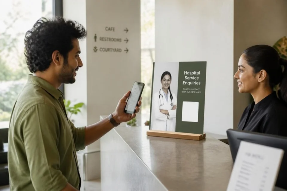 Illustrative visitor with a phone beside a healthcare enquiry invitation