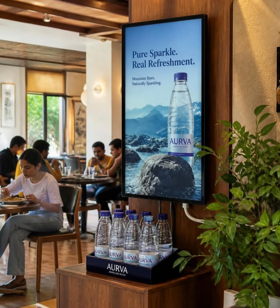 Illustrative sparkling-water brand screen and bottle display in a café