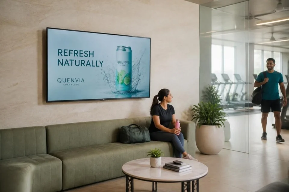 Illustrative beverage advertisement on a gym screen