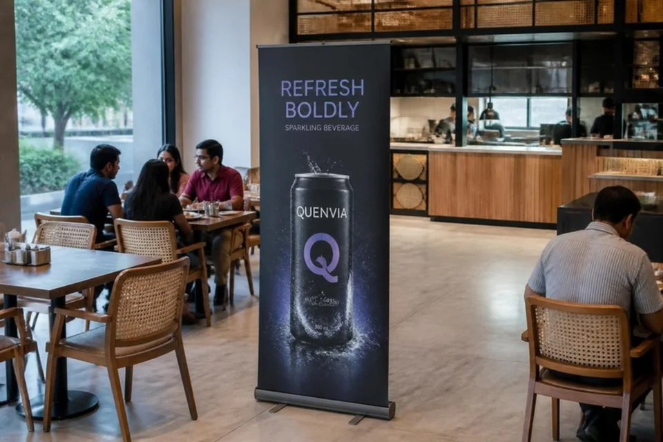 Illustrative printed beverage campaign standee