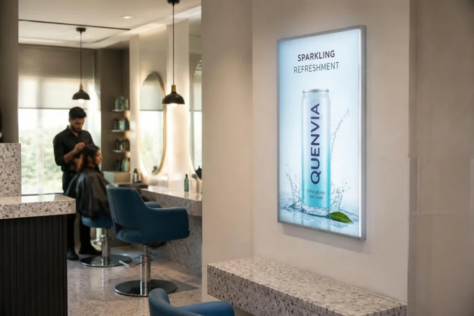 Illustrative beverage campaign on a printed LED lightbox
