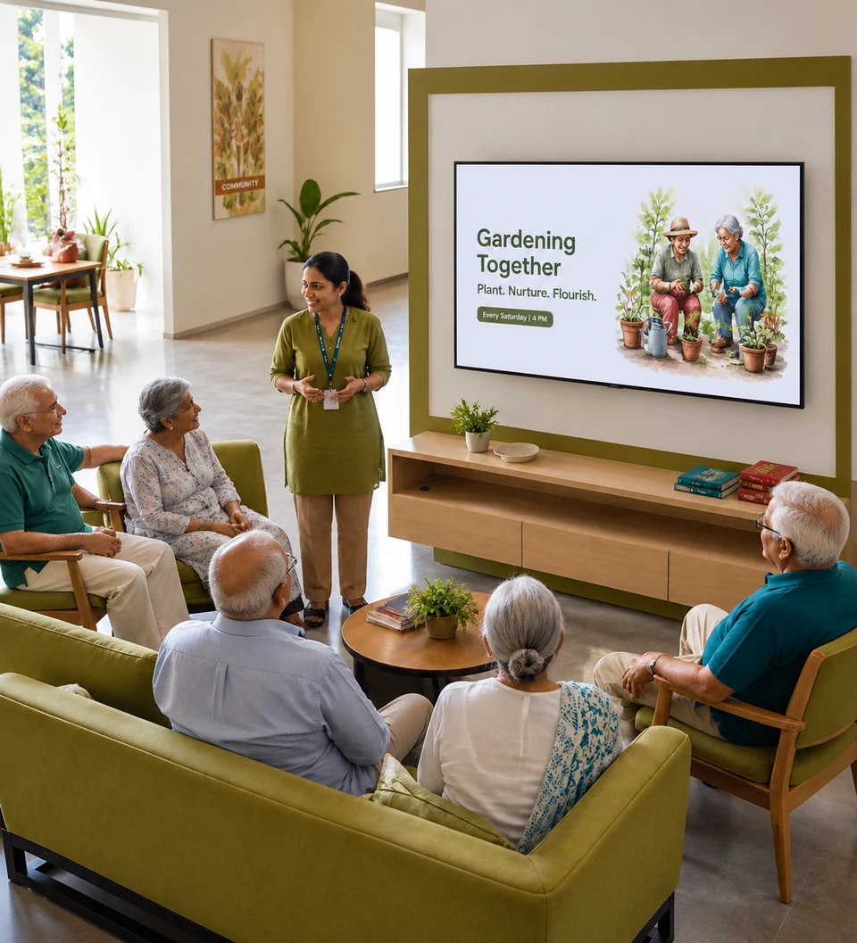Residents in a senior-living lounge beside a gardening activity display