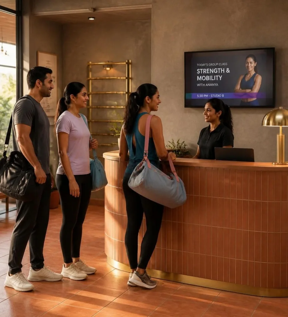 Fitness studio reception with a screen introducing a class