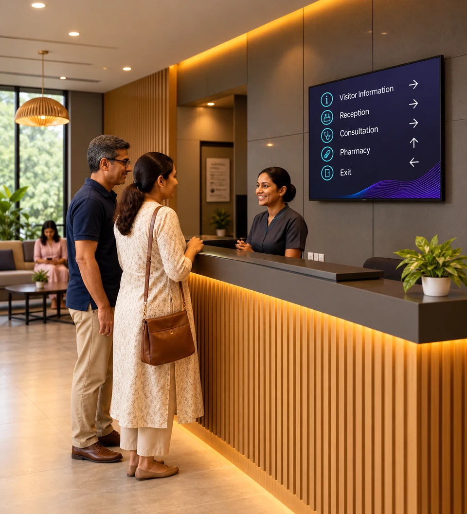 Clinic visitors beside a screen showing the facility’s services