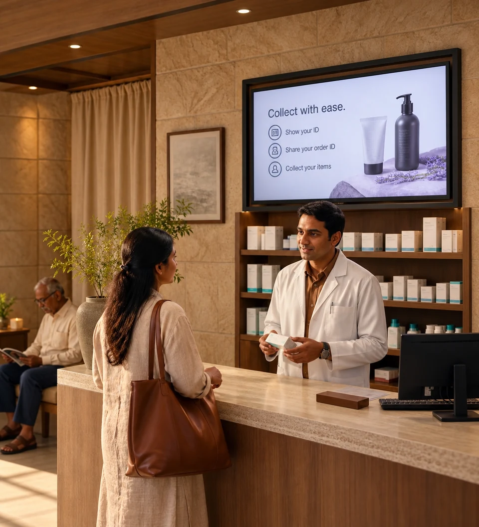 Pharmacy counter with a collection-information and personal-care display