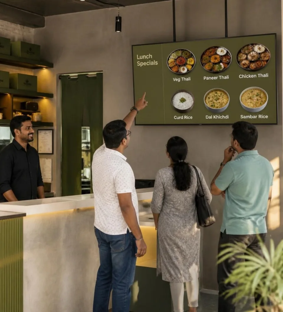 Restaurant guests considering lunch specials on a digital display