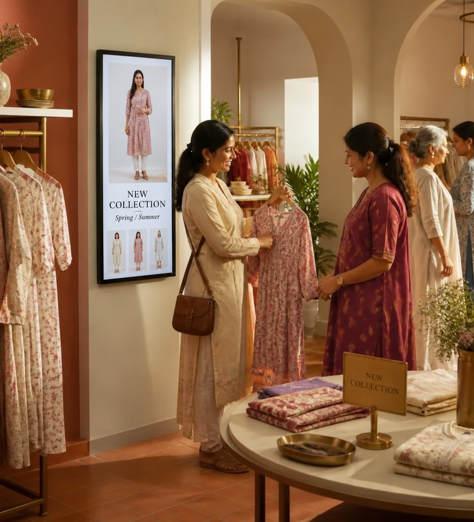 Apparel shoppers beside a digital display of the collection