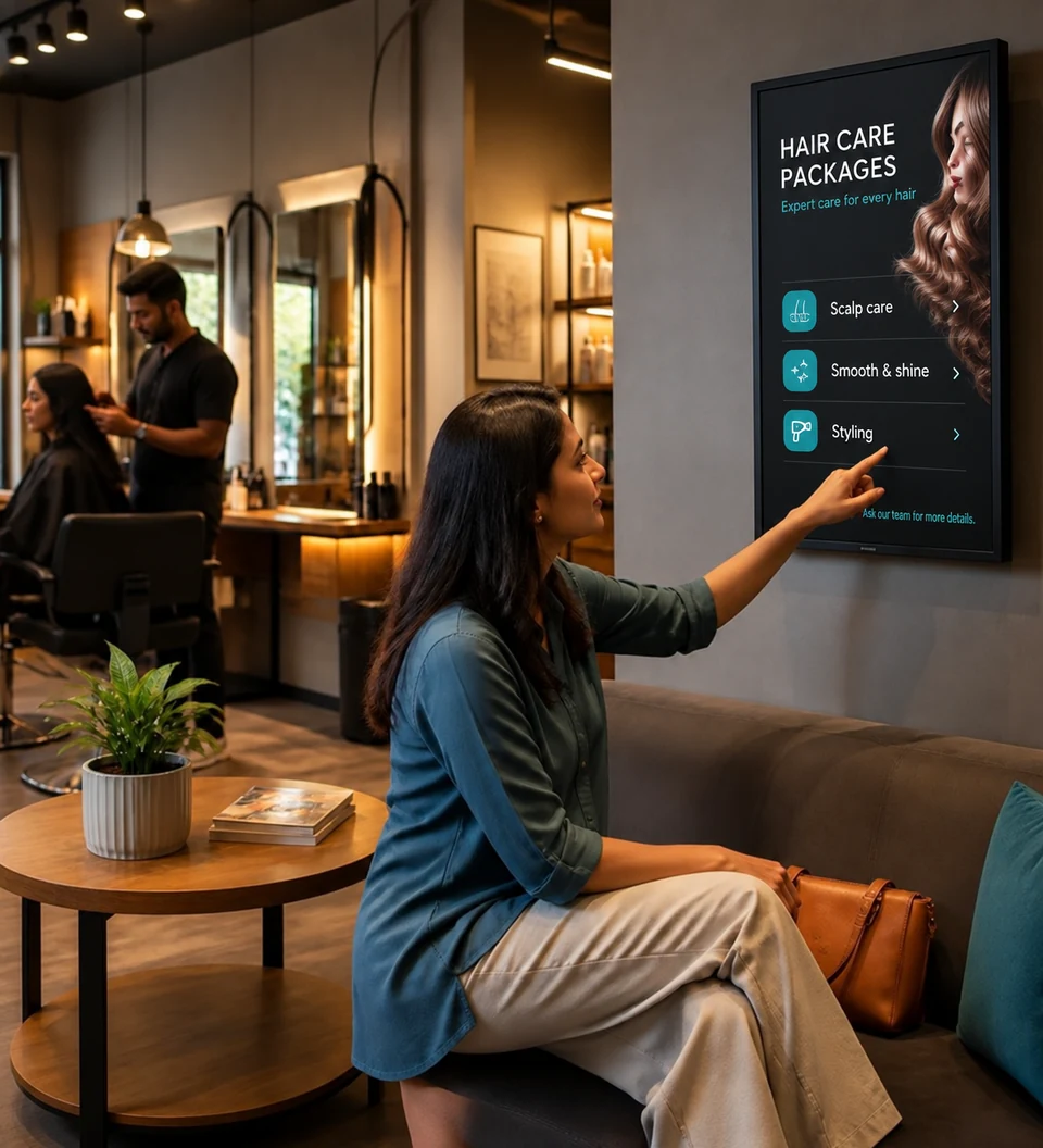 Salon guest looking at hair-service packages on a screen