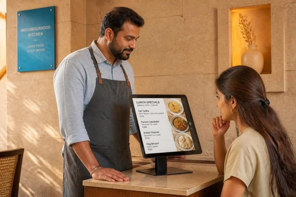 Illustrative restaurant menu displayed above a service counter