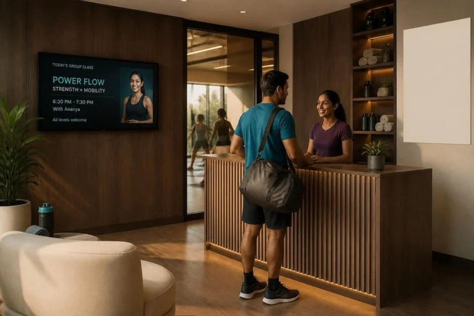 Illustrative class announcement displayed on a fitness-centre screen