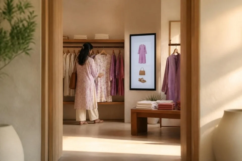 Illustrative fashion retail display beside an outfit