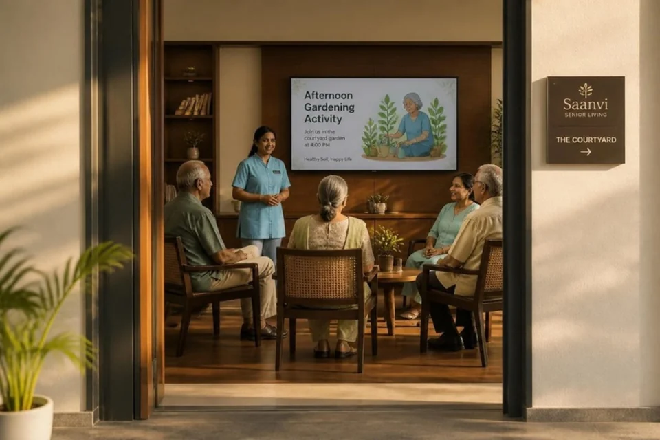 Illustrative assisted-living residents beside a gardening activity announcement