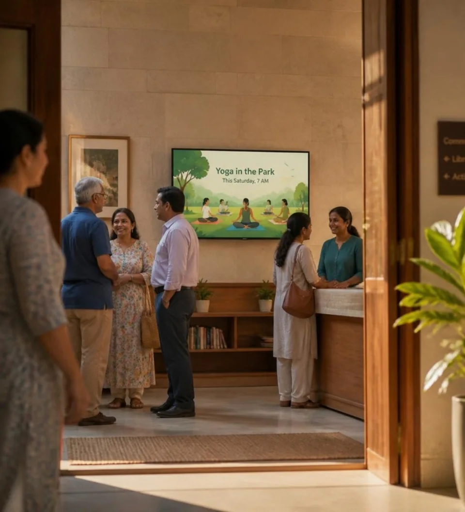 Community visitors beside an upcoming yoga-activity announcement