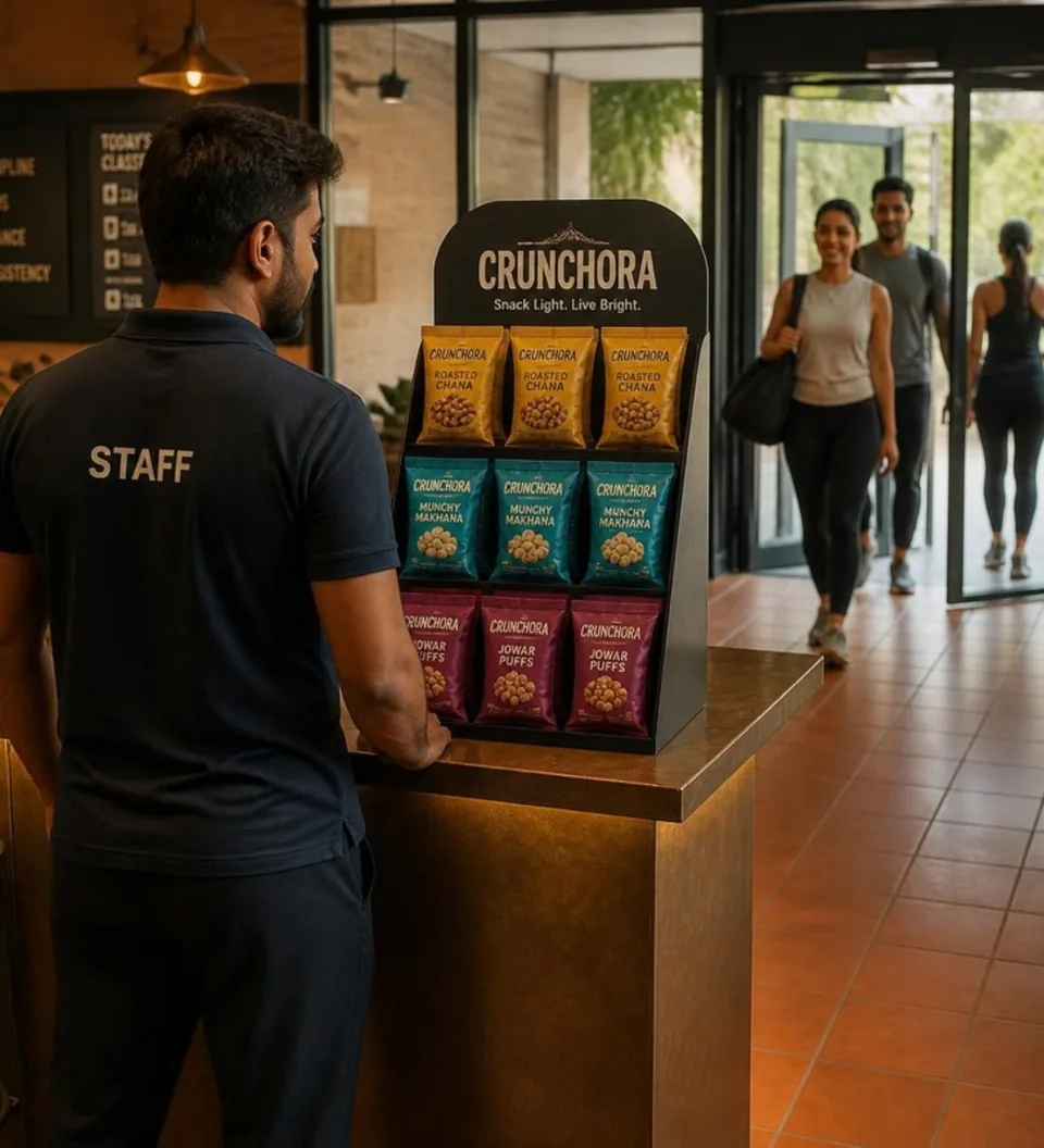 Gym staff beside a third-party packaged-snack display