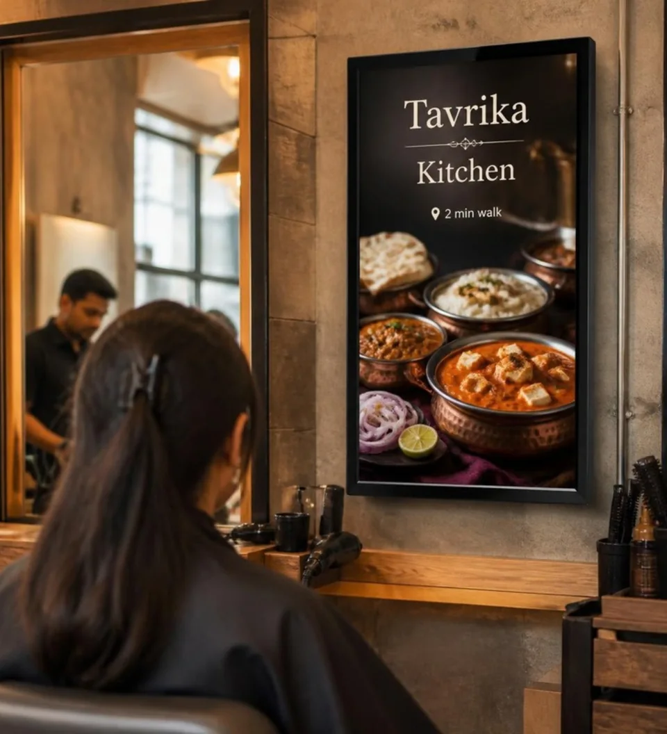 Nearby restaurant campaign displayed inside a salon