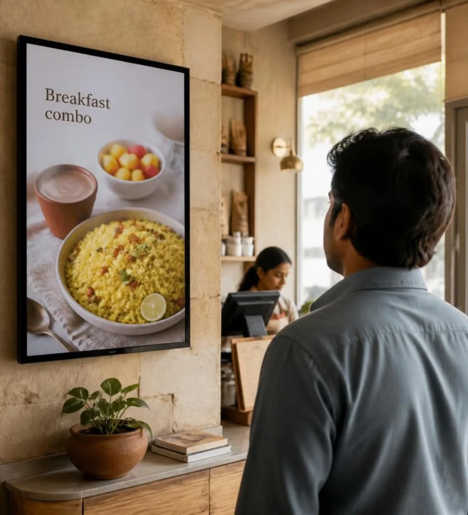 Café visitor viewing a breakfast-combination promotion