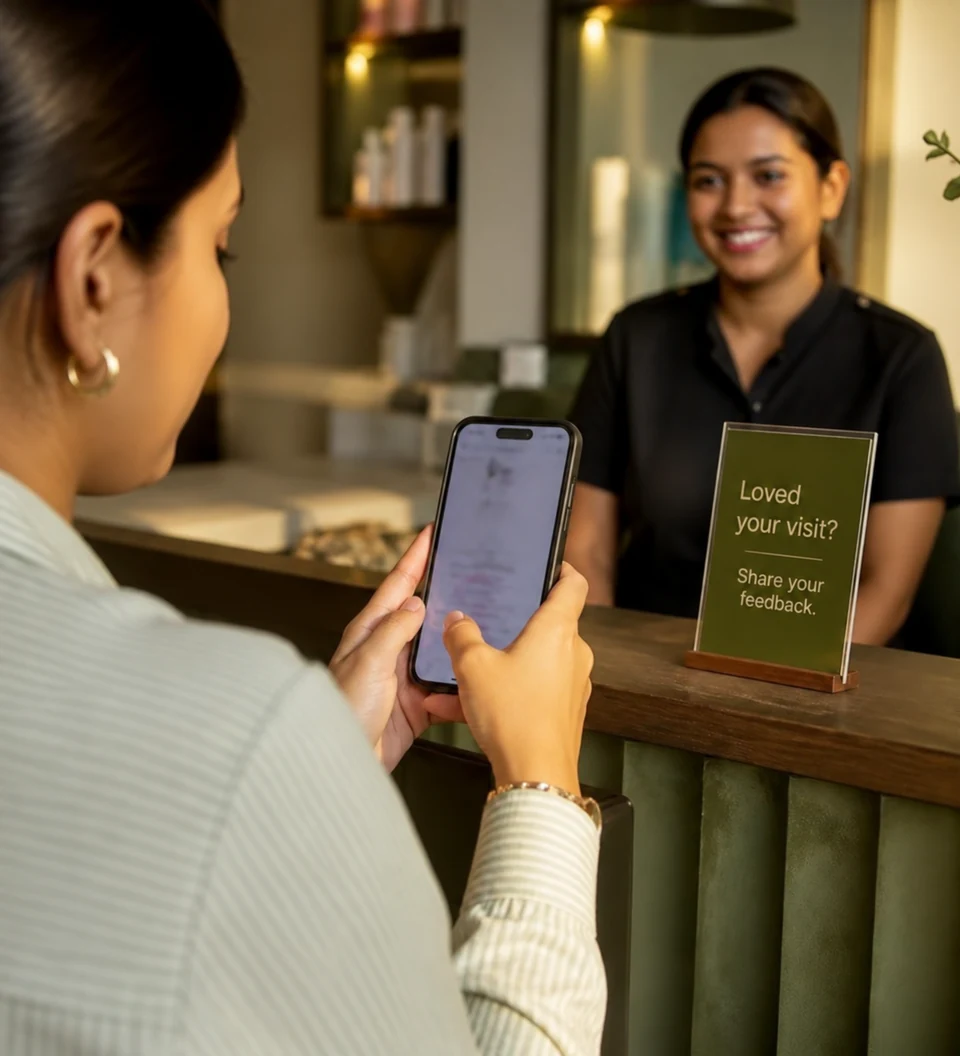 Salon guest with a phone beside a review invitation