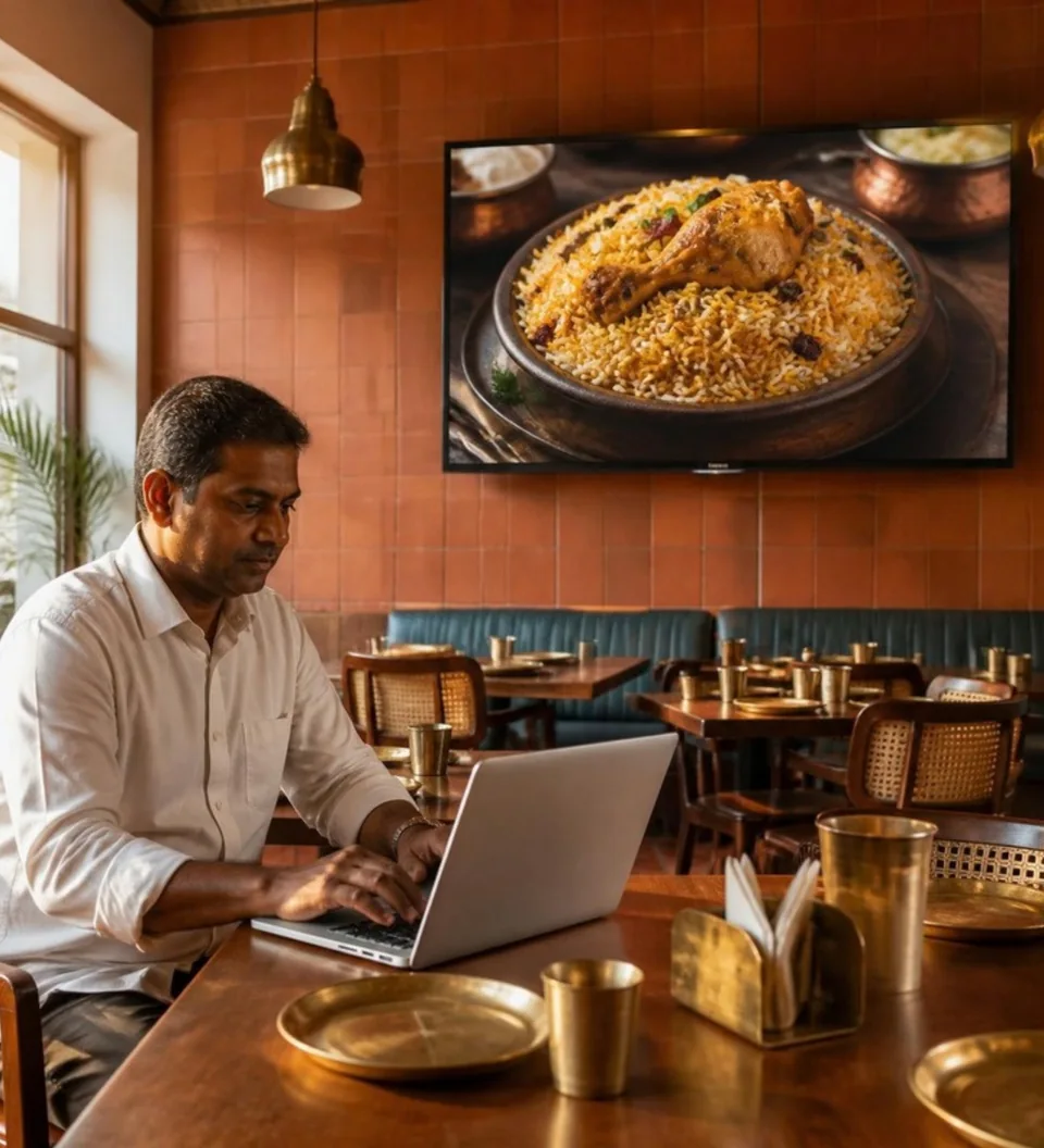 Restaurant owner preparing content on a laptop beside a food display