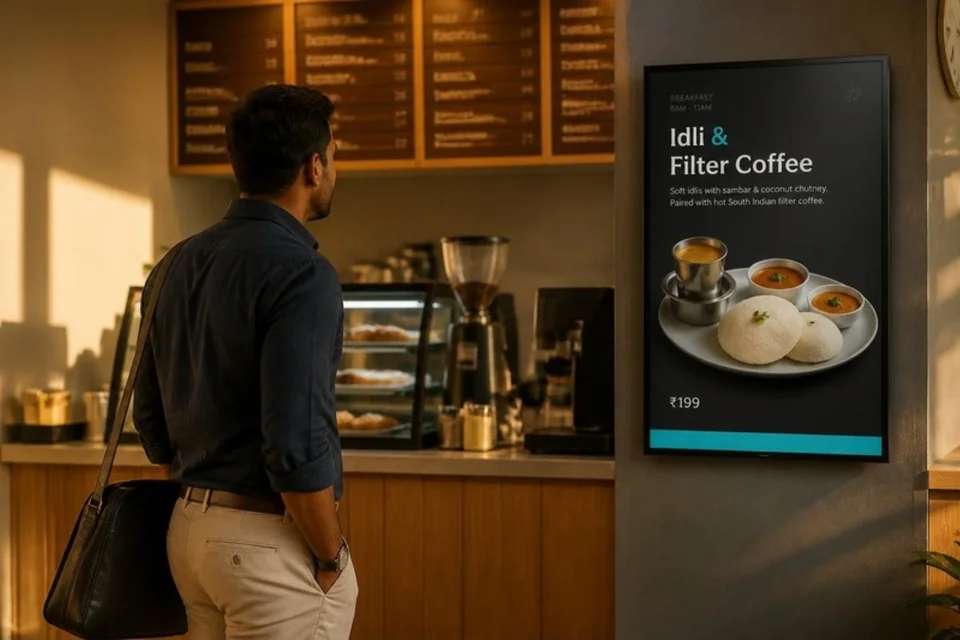 Illustrative café breakfast promotion displayed on a screen