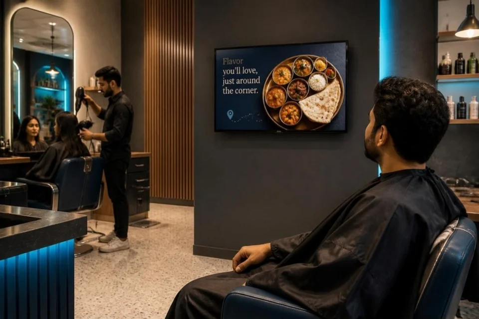 Illustrative nearby restaurant campaign displayed inside a salon