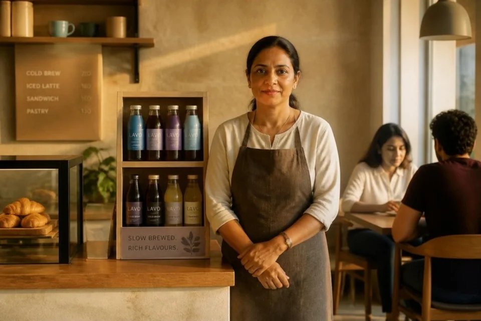 Illustrative café owner beside a packaged beverage brand display