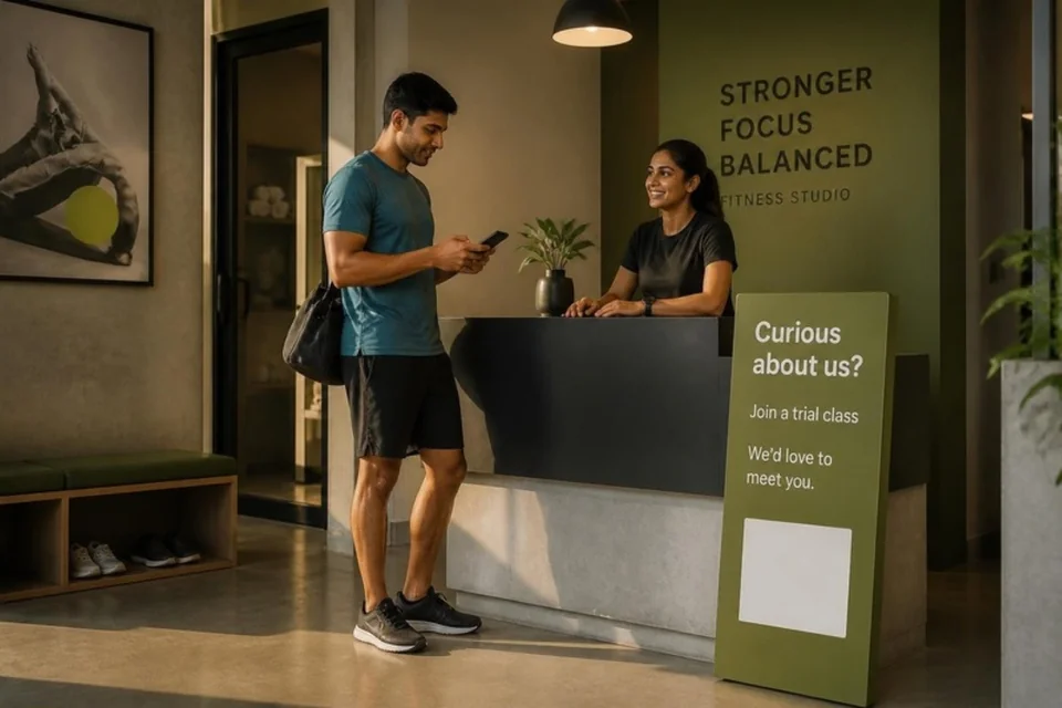 Illustrative fitness-studio visitor beside a trial-class invitation