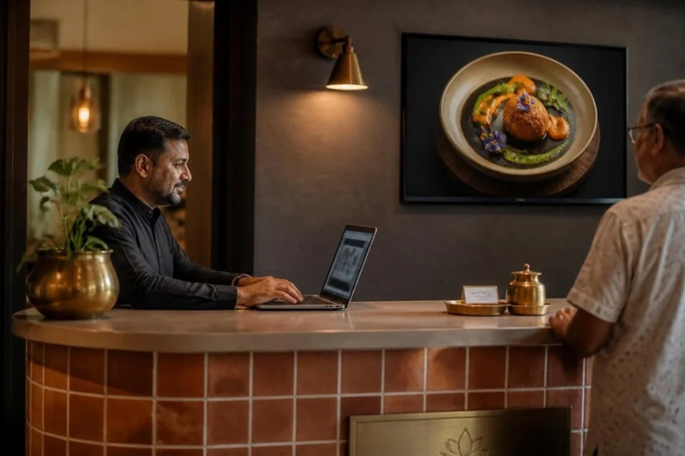 Illustrative restaurant owner preparing screen content on a laptop
