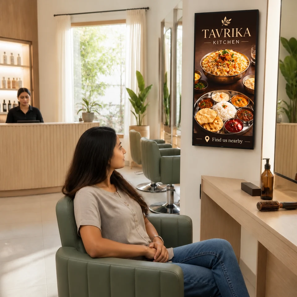 Salon guest noticing an illustrative nearby restaurant advertisement