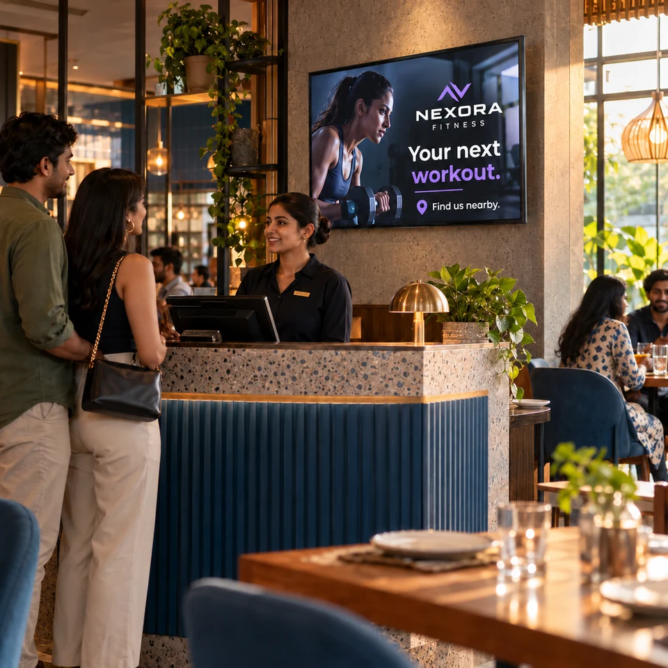 Restaurant hosting an illustrative nearby gym advertisement