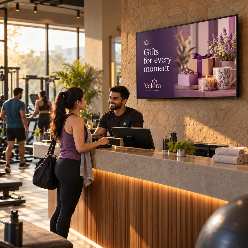 Fitness centre hosting an illustrative gift-store advertisement