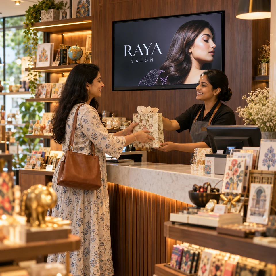 Gift shop hosting an illustrative nearby salon advertisement