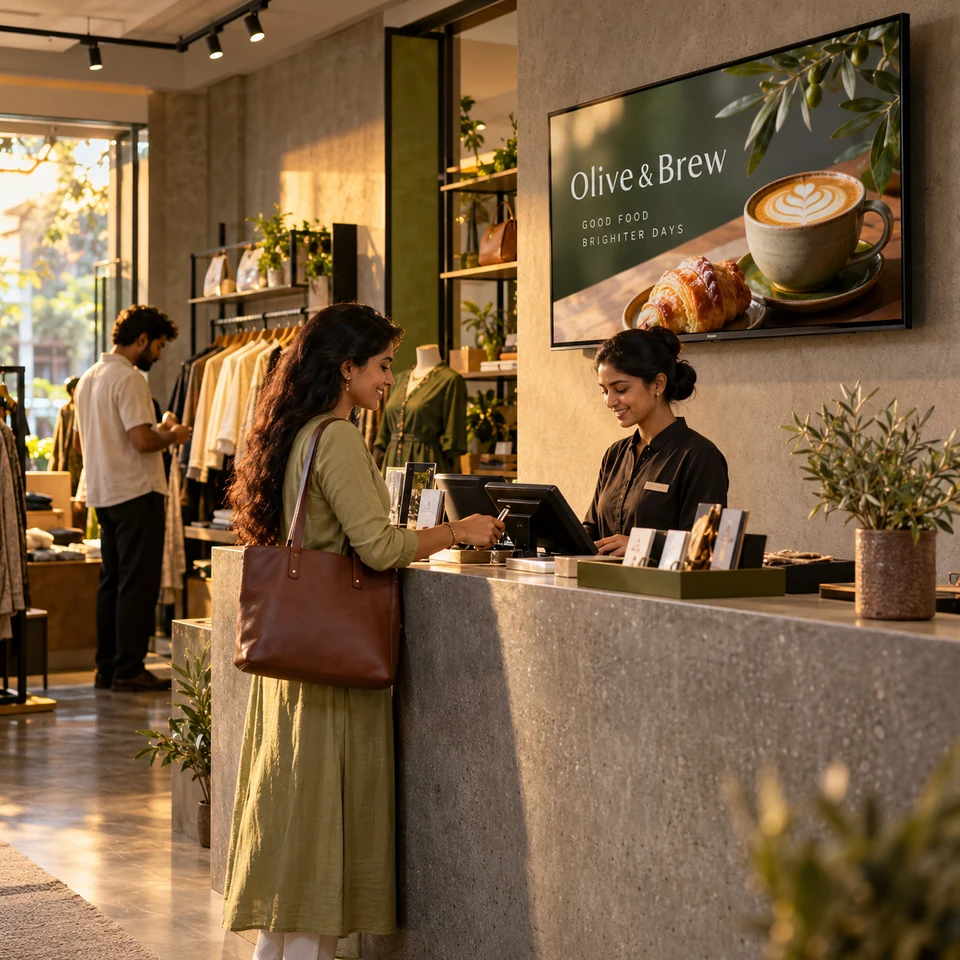 Retail store hosting an illustrative nearby cafe advertisement