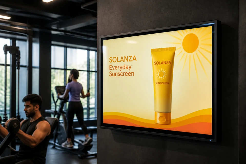 Digital screen displaying an illustrative sunscreen campaign in a gym