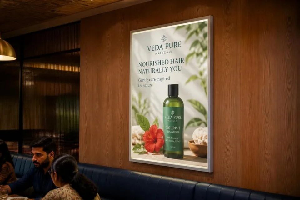 Slim illuminated printed haircare poster in a restaurant