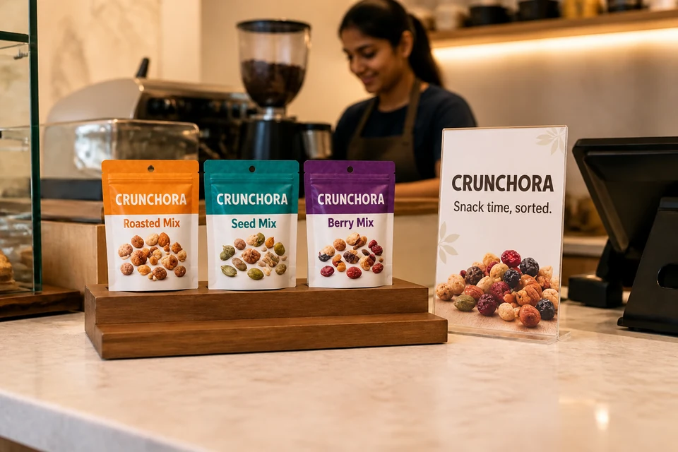 Sealed snack products arranged on a café counter display