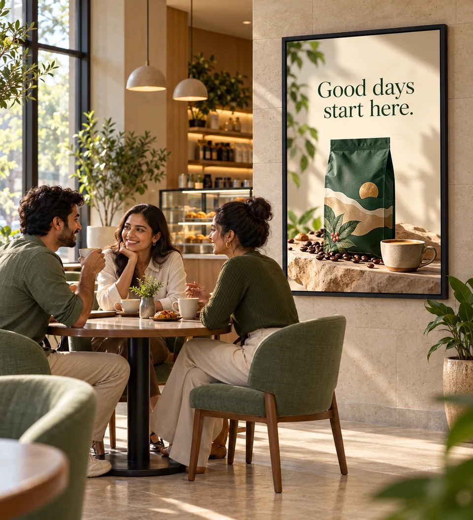 Illustrative packaged-coffee campaign in a neighbourhood cafe