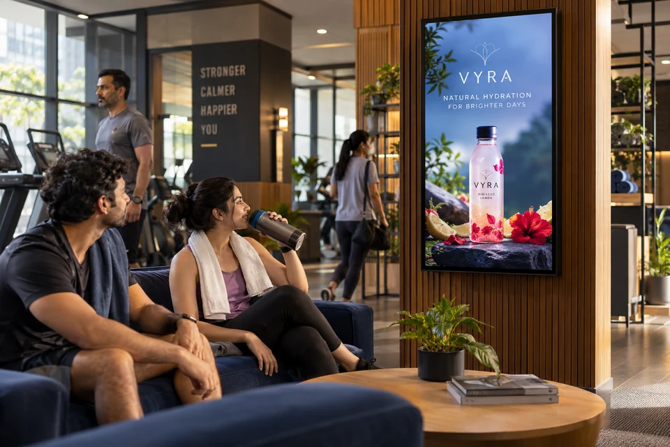 Illustrative beverage campaign on a fitness-lounge digital screen