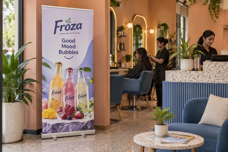 Illustrative beverage campaign on an unlit printed standee in a salon