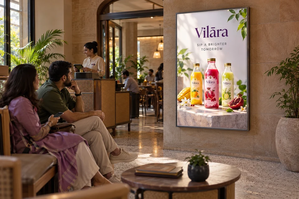 Illustrative beverage campaign on a backlit printed LED poster in a restaurant