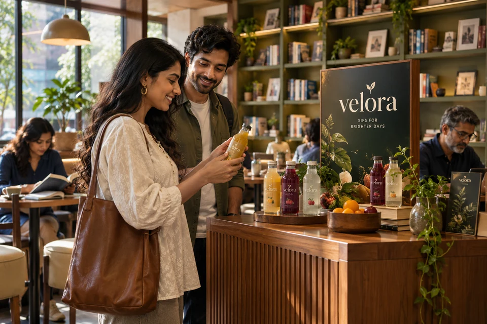 Sealed beverage bottles on a book-cafe product showcase
