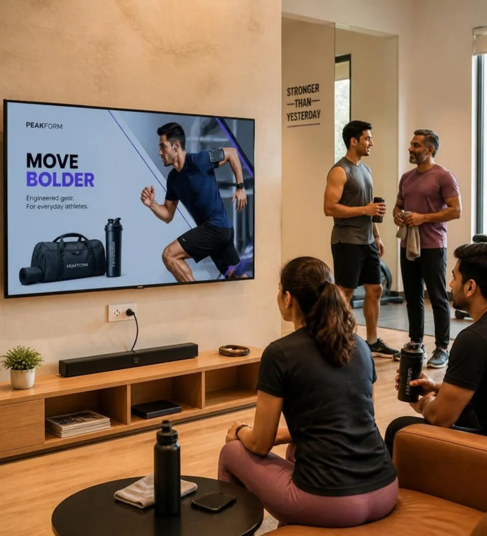 Powered LCD screen with a sports-accessory campaign in a fitness lounge