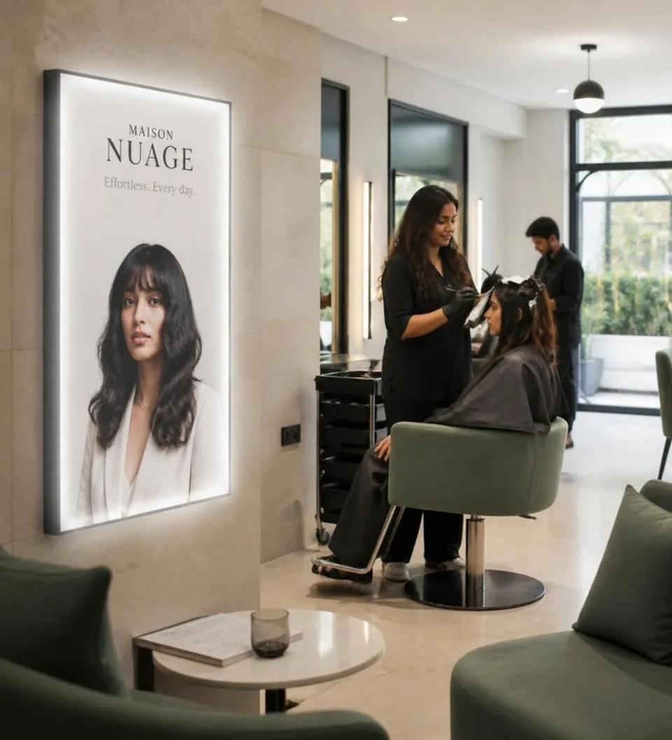 Slim illuminated printed fashion poster in a salon