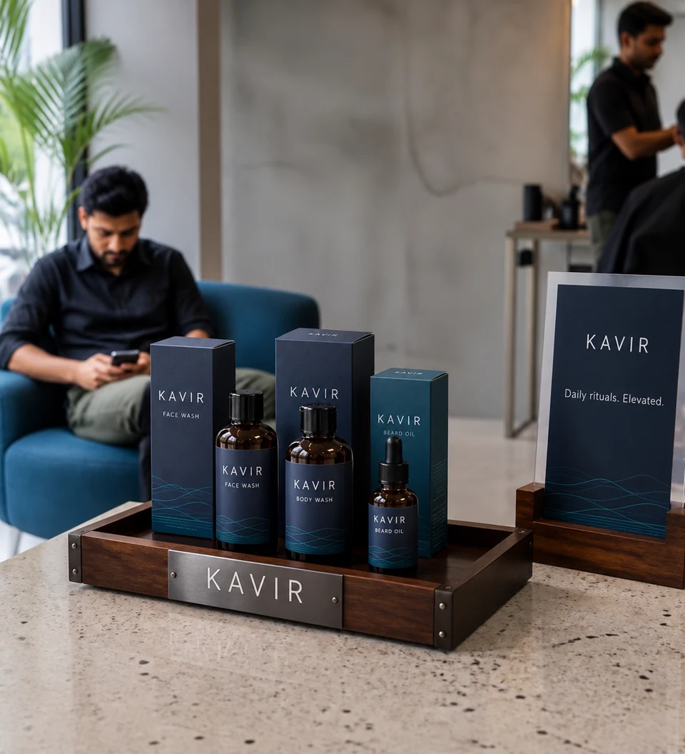 Grooming products arranged on a salon reception display