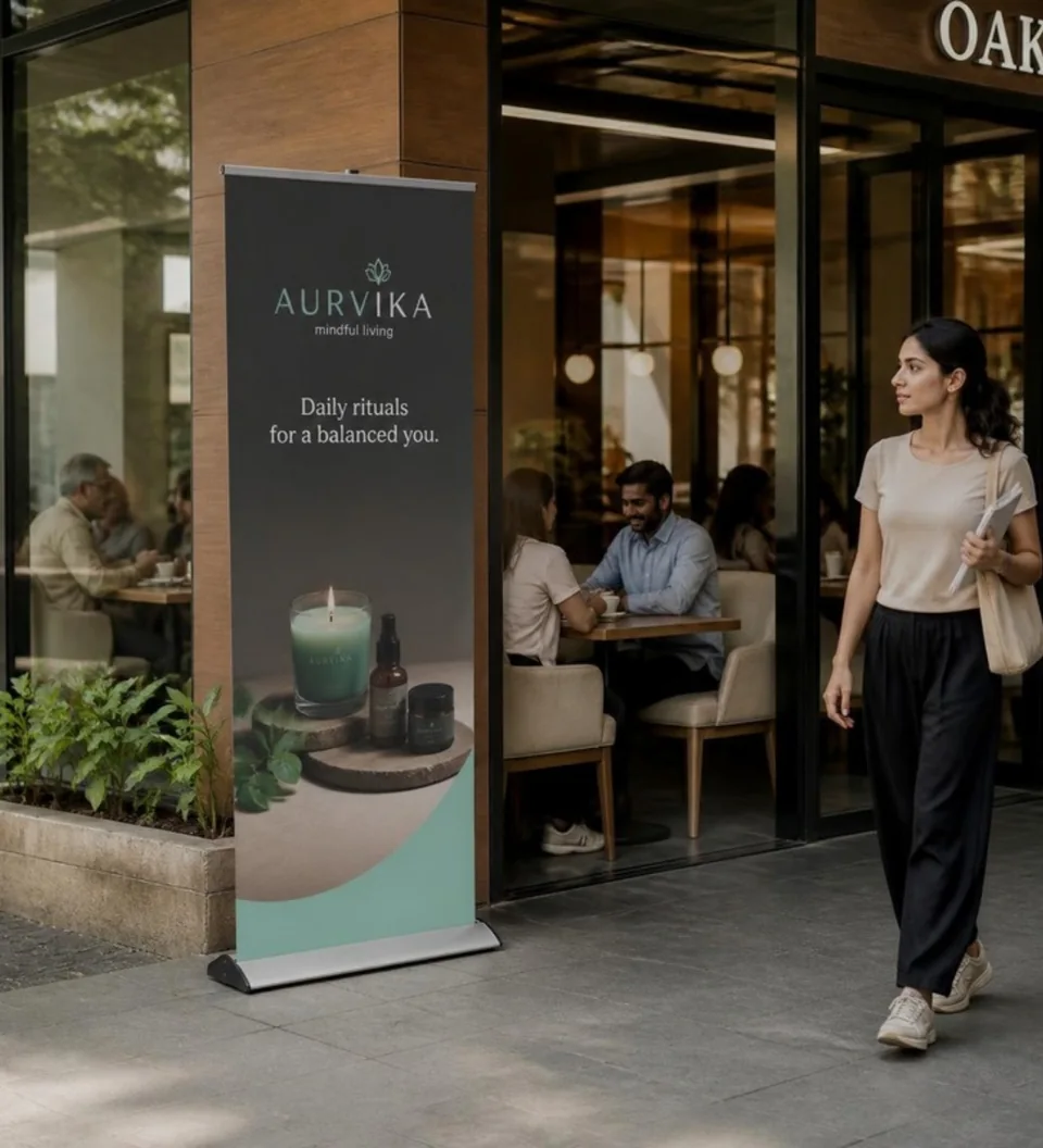 Unlit roll-up campaign standee beside a café entrance