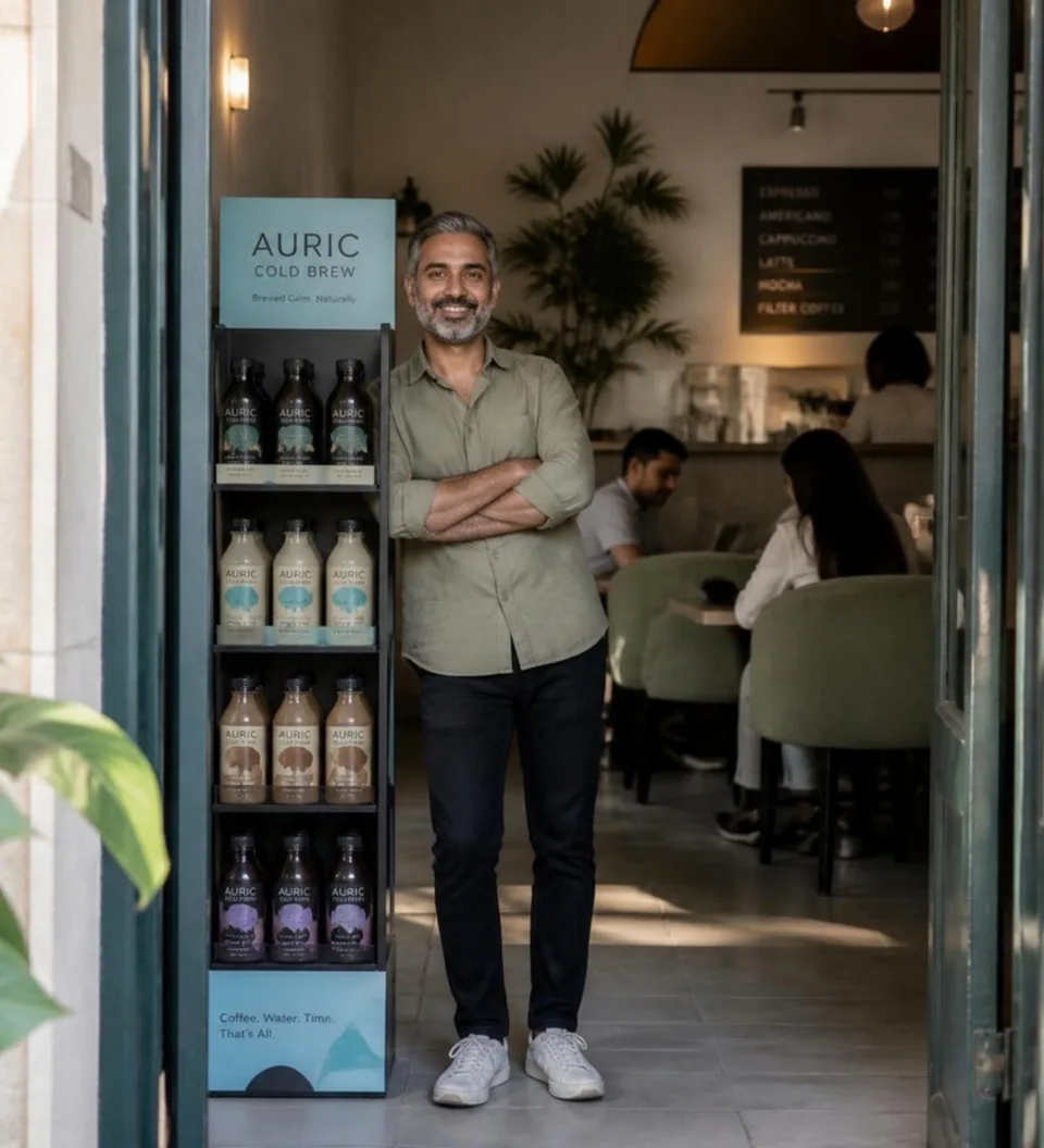 Café owner beside a third-party cold-brew bottle display