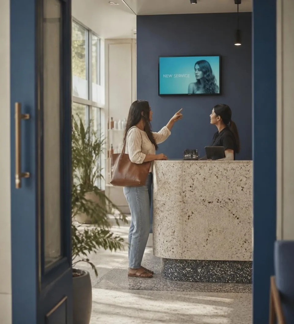 Salon visitor discussing a screen’s service introduction with a receptionist