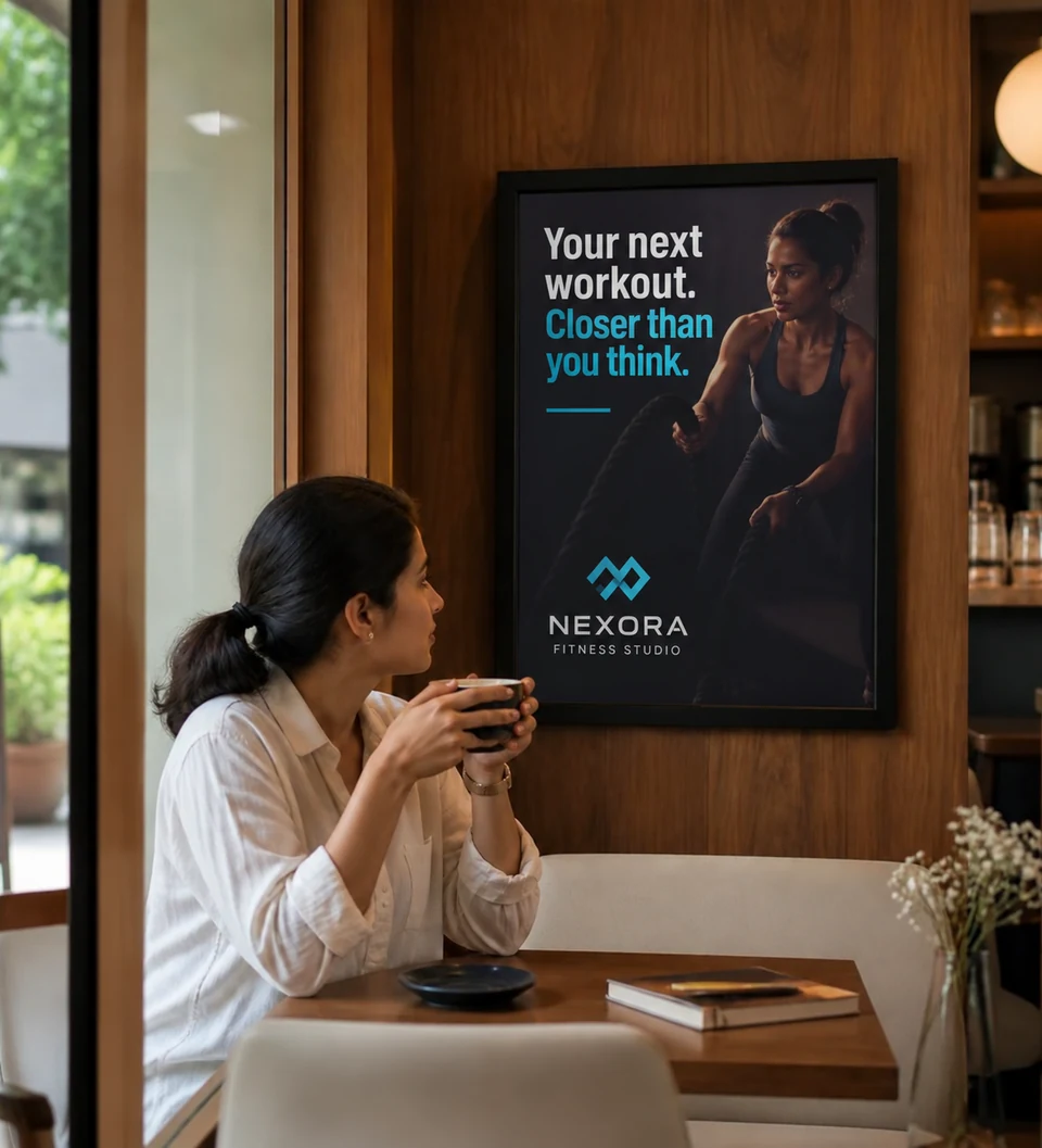 Café visitor viewing a printed nearby fitness-studio campaign