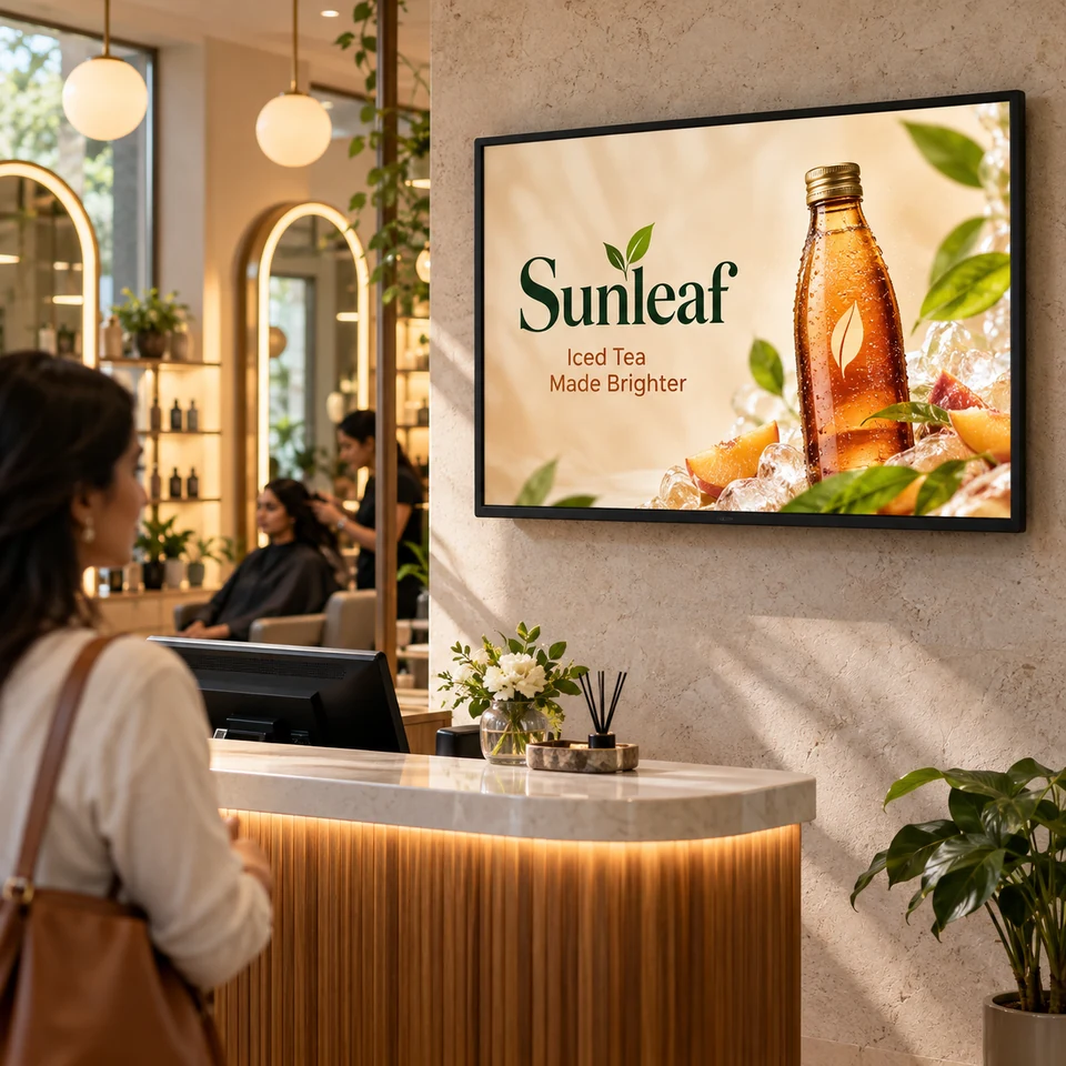 Illustrative fictional iced tea campaign on a digital screen in an Indian salon reception.